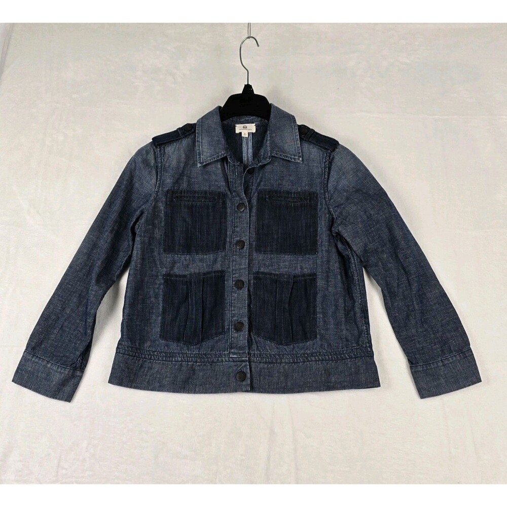 AG Adriano Goldschmied Jean Jacket Women Small Blue Pockets Button Patches